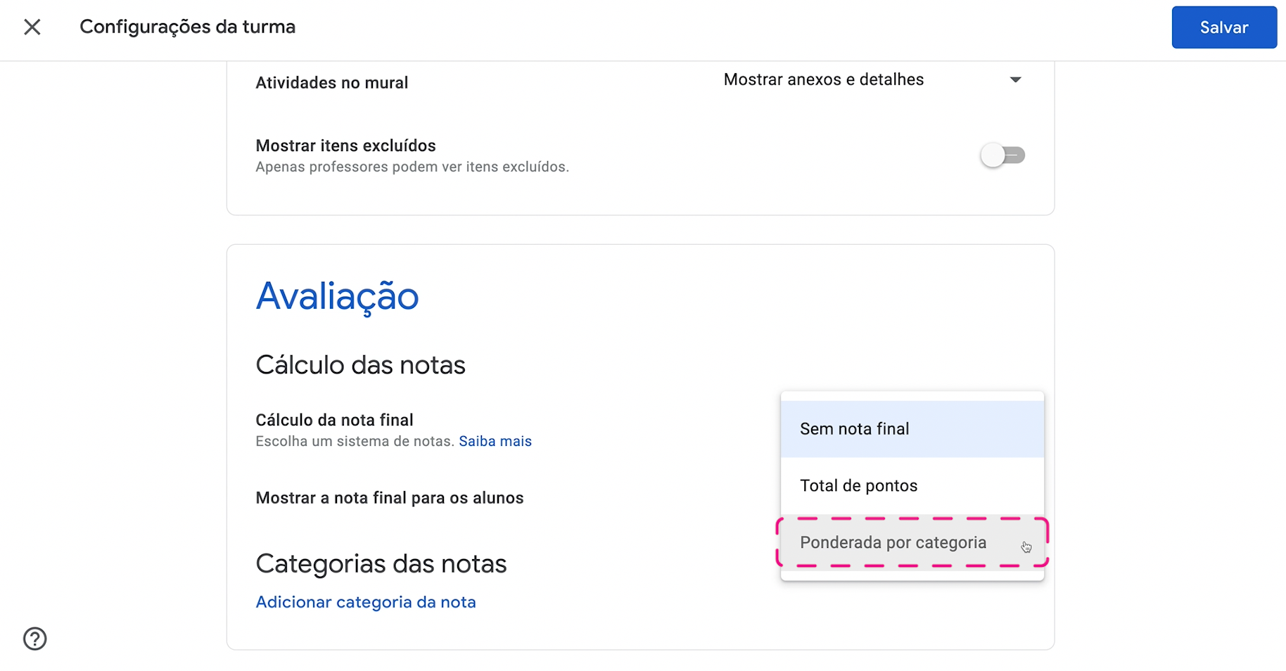 como configurar um sistema de avaliações no Google Sala de Aula 7